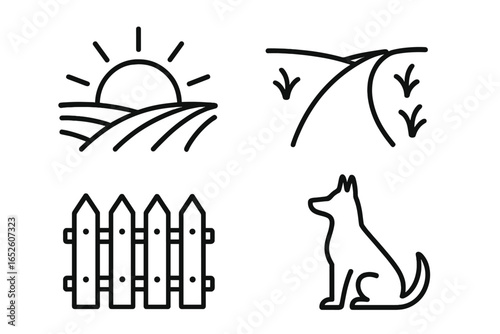 Rural life outline icon set. Farm and agriculture symbols. Sunrise over fields, dirt road, picket fence, dog silhouette. Countryside vector elements for design.