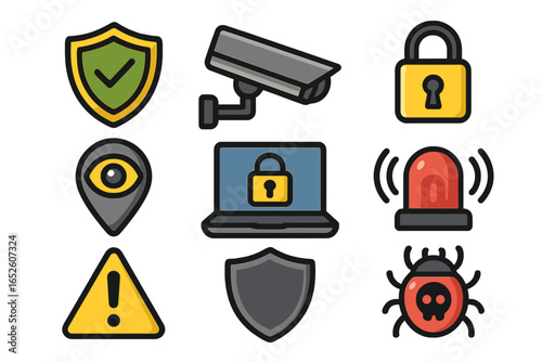 Security icon set. Cybersecurity, data protection, privacy concepts. Vector icons of shield, lock, cctv camera, bug, malware, laptop, warning sign. Flat cartoon style.