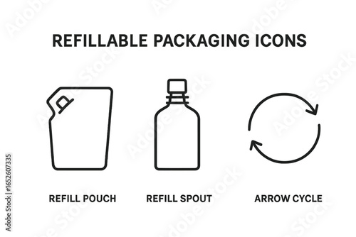 Refillable packaging line icon set. Eco friendly, zero waste concept. Reusable container, refill pouch, bottle with spout, and arrow cycle symbol. Vector illustration.