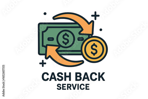 Cash back service icon. Money refund concept. Financial reward and loyalty program. E-commerce promotion and marketing vector logo. Dollar bill and coin exchange symbol.