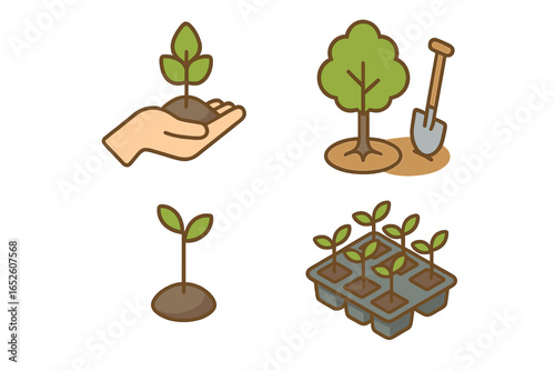 Reforestation and afforestation vector icon set. Tree planting, sapling in hand, and nursery seedling tray. Environmental conservation, ecology, and new growth concept.