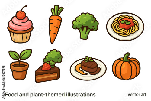 Set of cartoon food icons. Vector collection with cupcake, carrot, broccoli, spaghetti, steak, and pumpkin. Healthy and unhealthy meal elements for menu, sticker or web design.