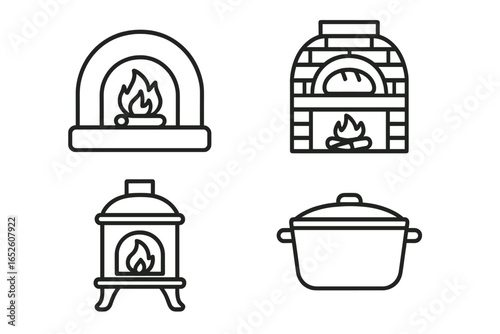 Rustic oven icon set. Collection of outline icons featuring traditional cooking methods. Wood-fired pizza oven, brick stove with bread, cast iron stove, and dutch oven.