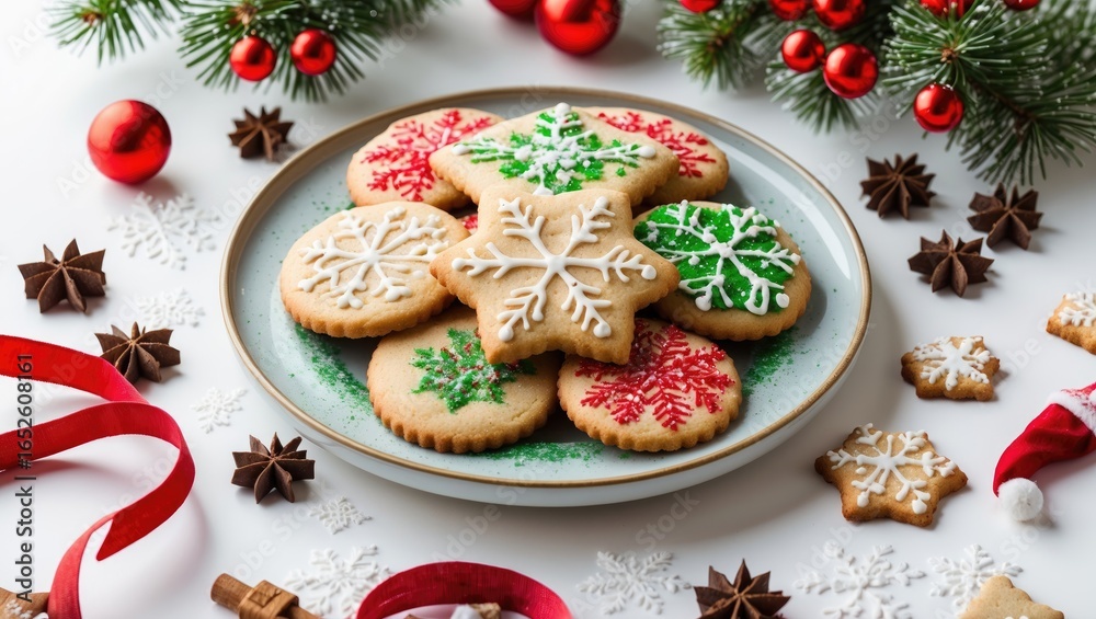 Fototapeta premium Seasonal Christmas-themed sugar cookies displayed on a white background plate