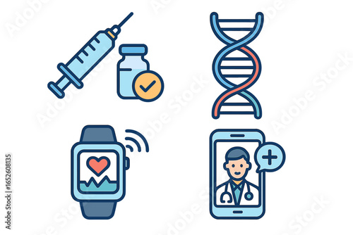 Health technology icon set. Telemedicine, DNA analysis, vaccination concepts. Vector illustrations of remote medical consultation, smartwatch health monitoring, and genetic research.