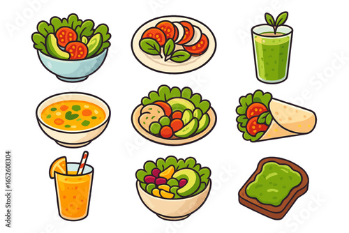 Healthy food icon set. Vegetarian and vegan meal collection. Includes salad, soup, smoothie, wrap, and avocado toast. Fresh organic diet food for nutrition. Vector cartoon.