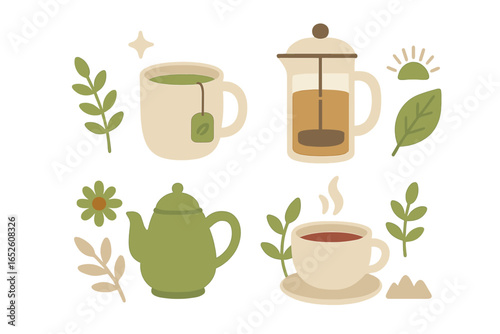 Cozy tea and coffee illustration set. Vector cartoon icons of herbal beverages, mug, teapot, french press. Minimalist nature-inspired elements, leaves, and flowers graphic.