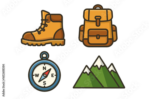 Hiking gear icon set for outdoor adventure. Includes trekking boot, backpack, compass, and mountain symbols. Vector cartoon illustration for camping, travel, and exploration.
