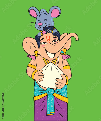 Cartoon style cute Lord Ganesha vector illustration for Ganesh Festival. Baby Ganesha is holding a big modak in his hand, while a smiling mouse sits playfully on Ganesha’s head. Flat colorful artwork