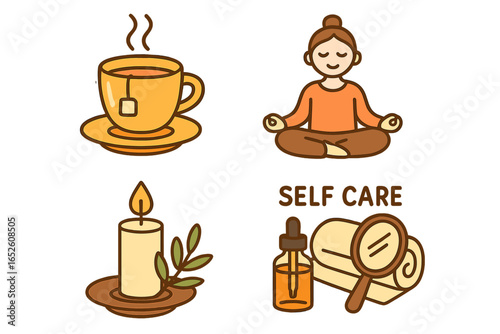 Self care icons for relaxation and wellness. Woman meditating with tea, candle, and cosmetic oil. Concept of mental health, me time, hygge, and stress relief vector set.