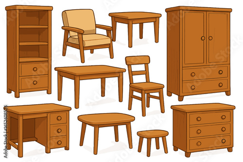 Wooden furniture set vector illustration. Cartoon collection of home interior decor items. Isolated wood table, chair, desk, cabinet, shelf, wardrobe for house design.