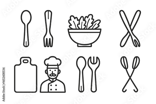 Salad utensil icon set. Outline cooking tools. Vector illustration kitchen equipment. Chef, bowl, fork, spoon, tongs, chopping board. Healthy food, restaurant menu graphic.