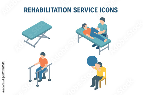 Rehabilitation service icons. Isometric physiotherapy and physical therapy concept. Patient recovery after injury. Doctor helps with medical exercise and treatment.