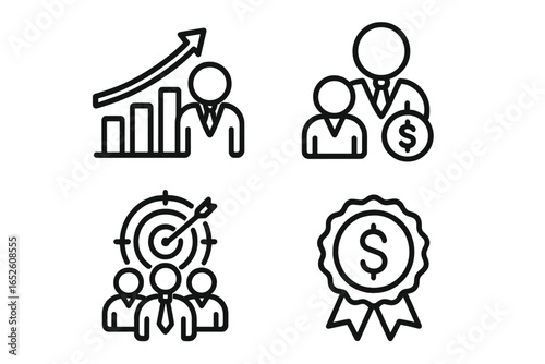 Sales team icons set. Business growth chart, target achievement, financial bonus, and commission reward. Vector line icons for performance, goals, and success strategy.