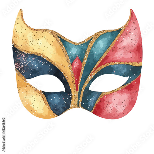 Ornate Carnival Mask with Gold Glitter Edges and Watercolor Texture