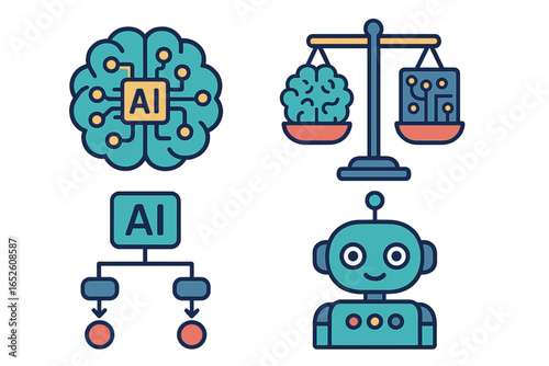 AI icon collection. Artificial intelligence concepts. Machine learning, deep learning. Robot, bot, chatbot. Workflow automation. AI ethics balance. Digital brain, neural network.