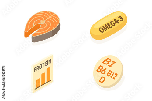 Isometric flat icon set of salmon fillet nutrition and health benefits. Omega-3 capsule, protein chart, vitamins B1, B6, B12, D. Healthy food vector illustration concept.