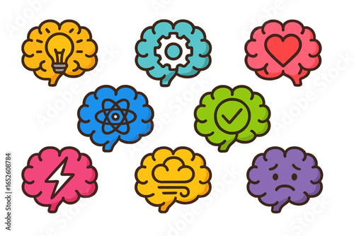 Mental health brain icon set. Psychology, cognitive process vector illustration. Mind symbols for creativity, logic, emotion, depression, stress, brain fog, science, love.