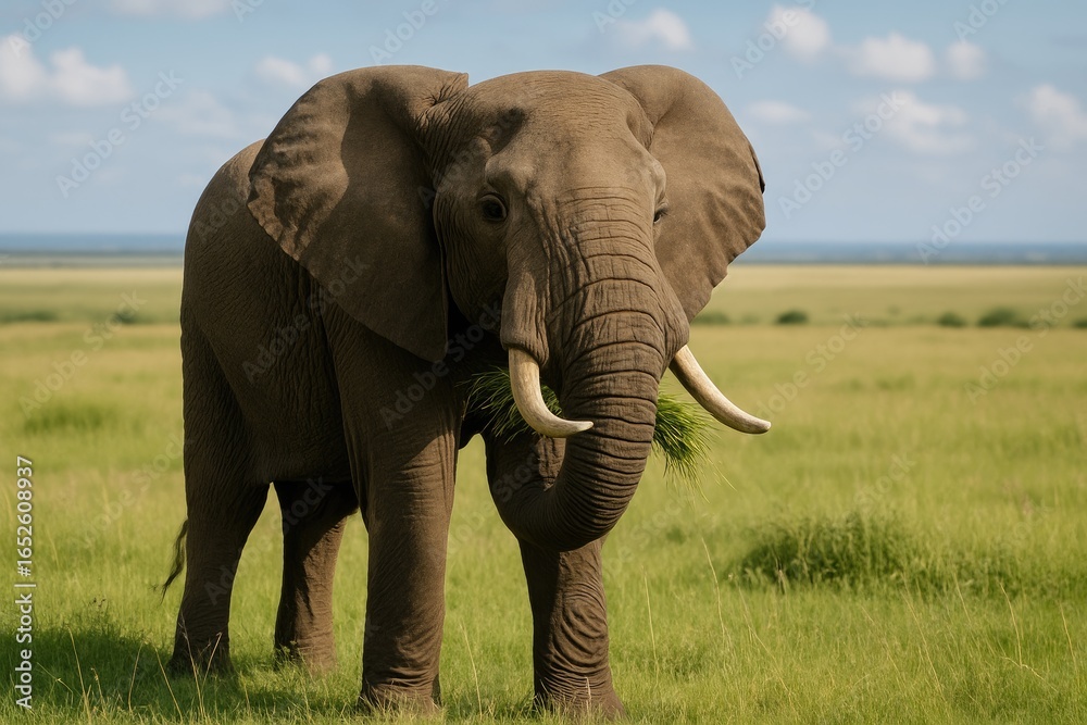 Fototapeta premium Elephants foraging across open grasslands