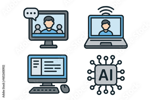 Modern office & remote work icon set. Virtual meeting, online collaboration, teleconference & webinar symbols. AI artificial intelligence integration & business technology icons.
