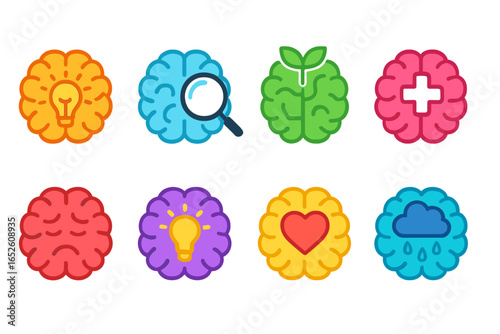 Mental health and psychology icon set. Colorful brain illustrations for cognitive processes, creativity, idea, depression, emotional intelligence, growth, and analysis concepts.