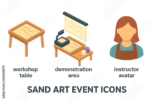 Sand art workshop icons. Isometric vector illustration set for creative event. Includes demonstration area, artist instructor avatar, sand drawing table for hobby class.