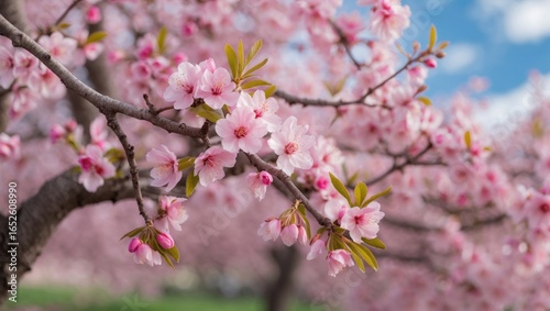 Close-up of a flowering almond tree branch with pink blossoms
