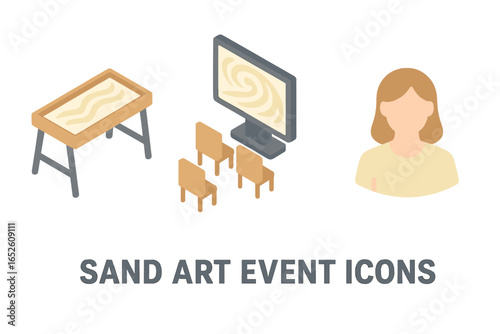 Sand art event icons. Isometric flat icon set of sand art setups. Workshop table, demonstration area with screen and chairs, instructor avatar. Vector for creative class.