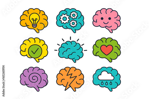 Brain icons set for mental health and psychology. Thinking, cognitive process, and emotions. Symbols for idea, logic, happiness, love, stress, depression, and confusion. Vector.