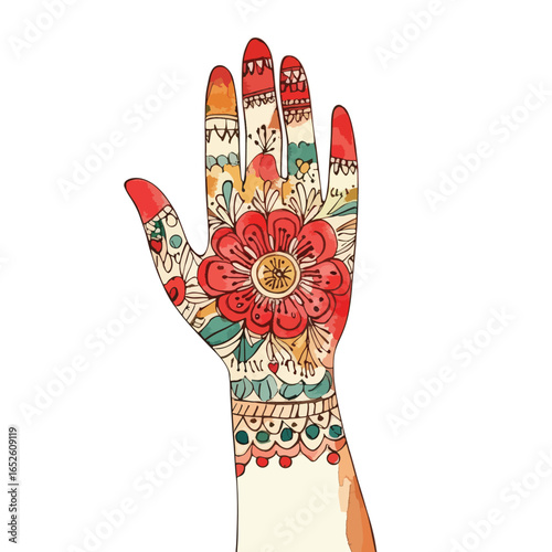 Ornate hennastyle hand art with red flower and watercolor accents
