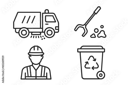 Sanitation icon set. Waste management, city cleanup, and recycling concept. Outline vector icons of street sweeper truck, garbage collector worker, trash grabber, recycle bin.