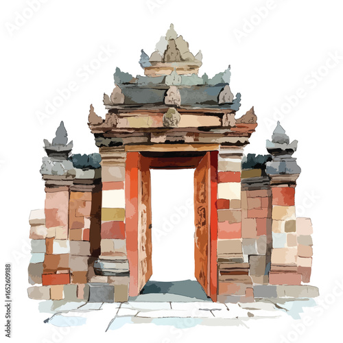 Ornate Stone Gate with Open Doorway and Detailed Architectural Elements