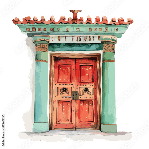 Ornate Red Doorway with Turquoise Columns and Decorative Roof Tiles
