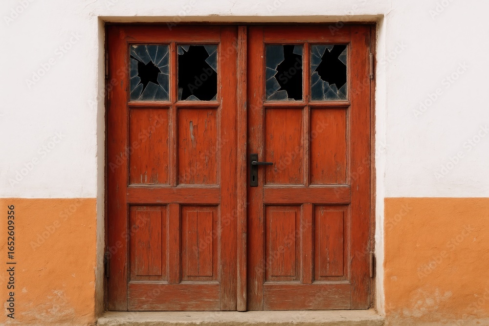 Fototapeta premium Vintage red wooden doors, sealed shut, featuring broken window sections