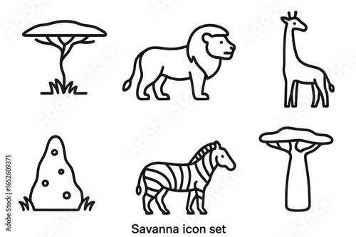 African savanna line icon set. Collection of simple outline symbols including lion, giraffe, zebra, acacia tree, baobab, and termite mound for safari or wildlife design.