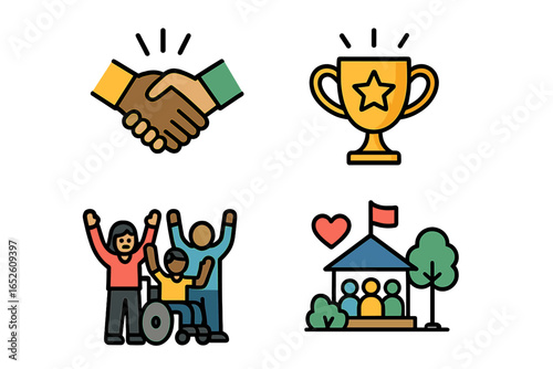 Community support and inclusion icon set. Vector symbols of diversity, teamwork, and achievement. Handshake, trophy, people with disability in wheelchair, unity celebration.
