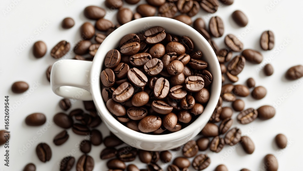 Fototapeta premium Coffee beans resting in a cup against a plain white backdrop