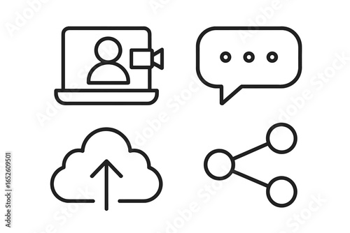 Remote collaboration tools outline icon set. Thin line pictograms for video conference, chat message, cloud upload, and sharing. Vector symbols for digital business.