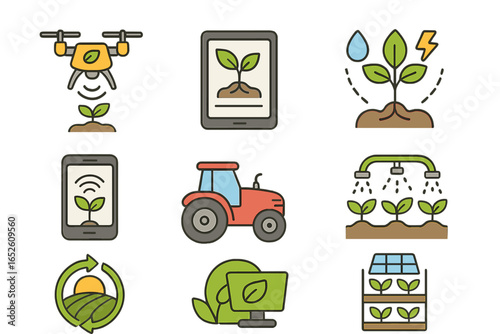 Smart farming and agritech icon set. Vector icons for sustainable agriculture, drone technology, irrigation, tractor, and renewable energy in modern farming concepts.