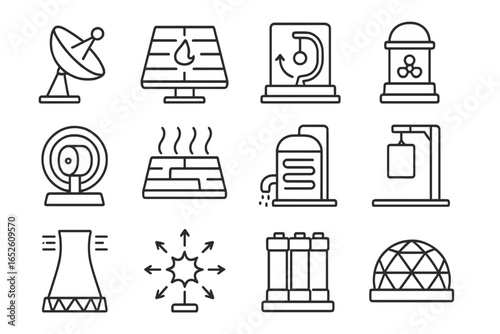 Nuclear energy motion bioenergy icons vector dispersion dish radiant architectural icon heat