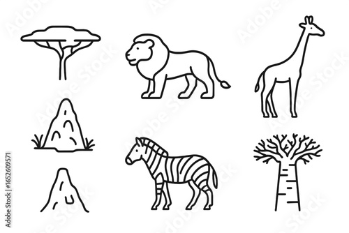 African savanna animals and plants icon set. Vector line art illustration of safari wildlife like lion, zebra, giraffe. Includes acacia, baobab trees and termite mound.
