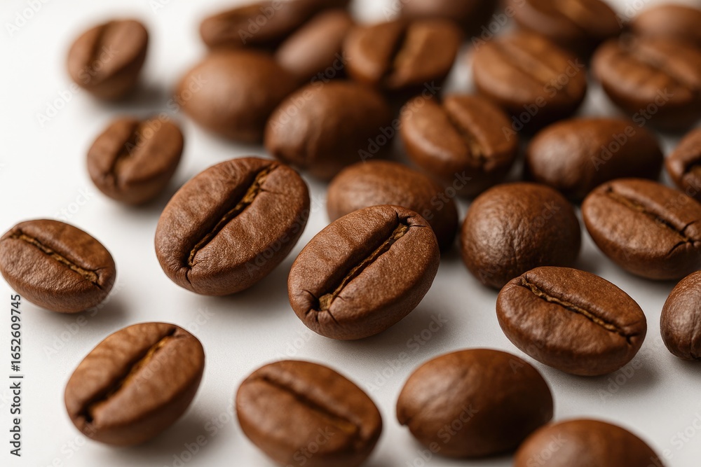 Naklejka premium Close-up of roasted coffee beans focusing on texture and detail