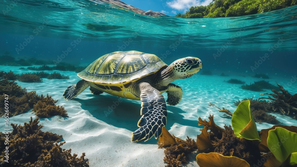 Obraz premium Tropical Ocean Habitat Featuring a Green Sea Turtle and Diverse Marine Life