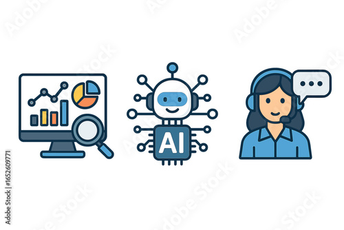 Business technology icon set. Data analysis, analytics, BI, chart, graph. AI, artificial intelligence, robot, bot. Customer support, call center, helpdesk, operator vector.
