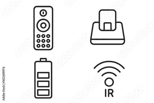 Vector outline icon set of remote control and accessories. Linear symbols for a TV remote, charging station, battery power level, and IR infrared wireless signal. Glyphs.
