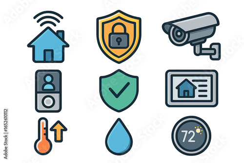 Smart home technology icon set. Home automation system with security camera, thermostat, lock and remote control. Vector icons for IoT, safety and environmental control concepts.