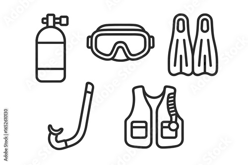 Scuba diving equipment line icon set. Snorkeling gear vector illustration. Outline icons of tank, mask, fins, snorkel, buoyancy compensator for water sports adventure.