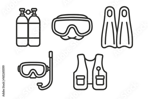 Scuba diving & snorkeling outline icons set. Vector collection of diver equipment essentials: aqualung tank, mask, fins, snorkel, and buoyancy compensator vest.
