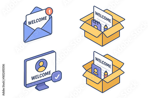Remote onboarding isometric icon set. Welcome new employee concept. HR process of hiring and induction. Includes welcome kit box, email notification and digital profile.