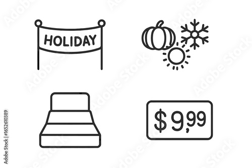Seasonal merchandising outline icon set. Holiday retail marketing symbols. Vector icons for shopping promotion, store display, price tag, and seasonal sales. Summer, autumn, winter.